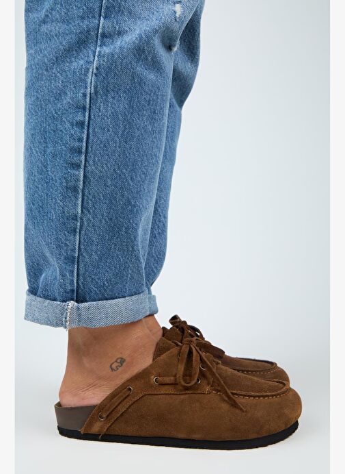 Manijero Karis Kadın Hakiki Deri Bağcıklı Sabo Taba Terlik - Görsel 3