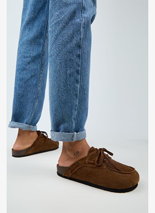 Manijero Karis Kadın Hakiki Deri Bağcıklı Sabo Taba Terlik - Görsel 7