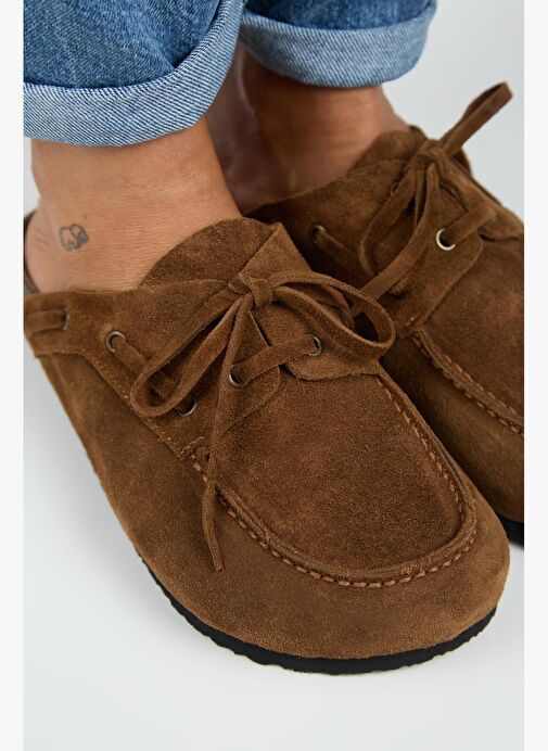 Manijero Karis Kadın Hakiki Deri Bağcıklı Sabo Taba Terlik - Görsel 5