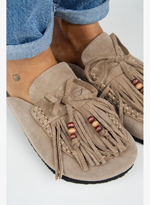 Manijero Malinda Kadın Hakiki Deri Püsküllü Boncuk Detaylı Sabo Vizon Terlik - Görsel 5