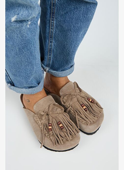 Manijero Malinda Kadın Hakiki Deri Püsküllü Boncuk Detaylı Sabo Vizon Terlik - Görsel 4