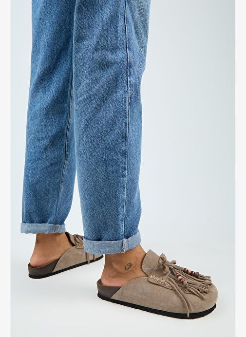 Manijero Malinda Kadın Hakiki Deri Püsküllü Boncuk Detaylı Sabo Vizon Terlik - Görsel 7