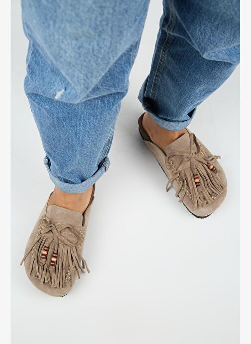 Manijero Malinda Kadın Hakiki Deri Püsküllü Boncuk Detaylı Sabo Vizon Terlik - Görsel 8