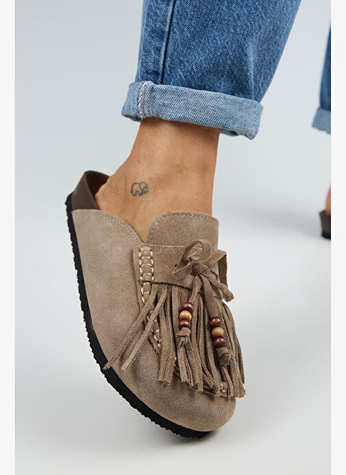 Manijero Malinda Kadın Hakiki Deri Püsküllü Boncuk Detaylı Sabo Vizon Terlik - Görsel 6