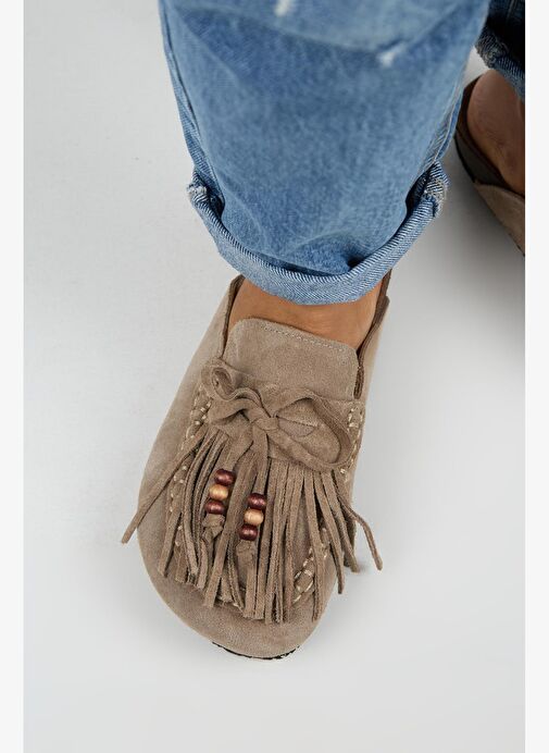 Manijero Malinda Kadın Hakiki Deri Püsküllü Boncuk Detaylı Sabo Vizon Terlik - Görsel 9
