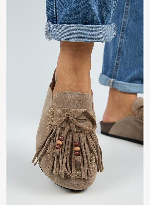Manijero Malinda Kadın Hakiki Deri Püsküllü Boncuk Detaylı Sabo Vizon Terlik - Görsel 2