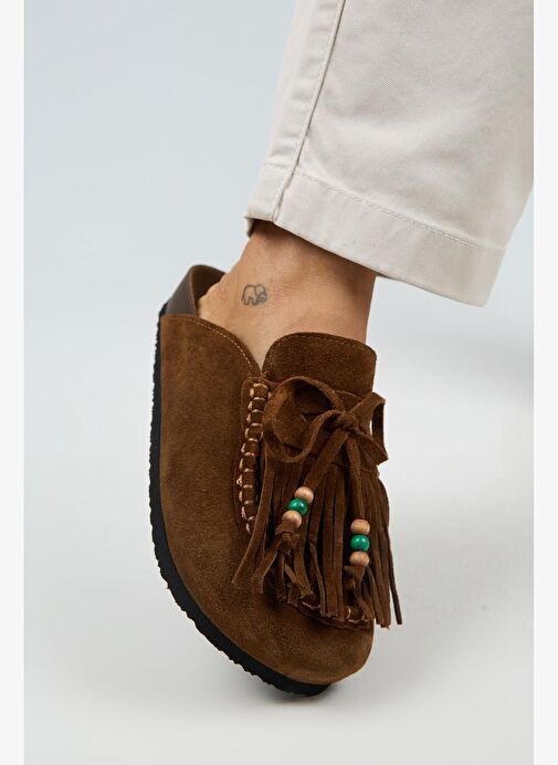 Manijero Malinda Kadın Hakiki Deri Püsküllü Boncuk Detaylı Sabo Taba Terlik - Görsel 6