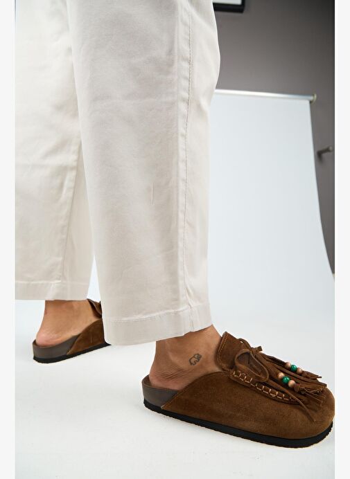 Manijero Malinda Kadın Hakiki Deri Püsküllü Boncuk Detaylı Sabo Taba Terlik - Görsel 8