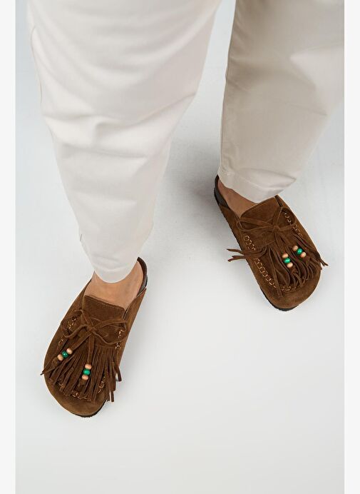 Manijero Malinda Kadın Hakiki Deri Püsküllü Boncuk Detaylı Sabo Taba Terlik - Görsel 9