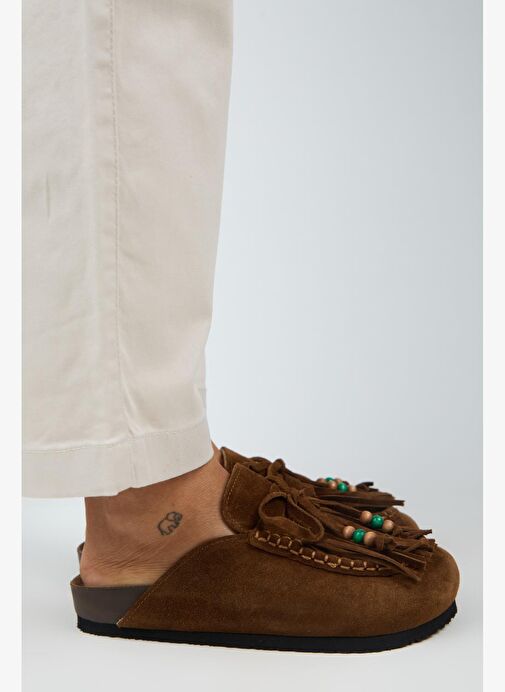 Manijero Malinda Kadın Hakiki Deri Püsküllü Boncuk Detaylı Sabo Taba Terlik - Görsel 3