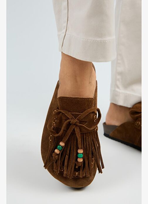 Manijero Malinda Kadın Hakiki Deri Püsküllü Boncuk Detaylı Sabo Taba Terlik - Görsel 7