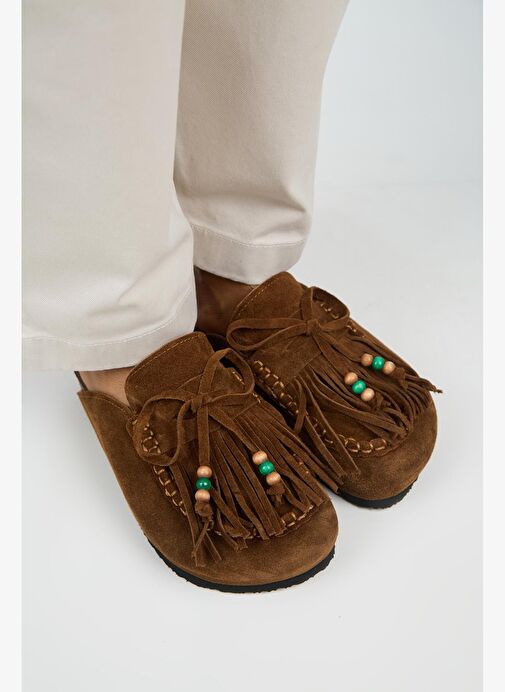 Manijero Malinda Kadın Hakiki Deri Püsküllü Boncuk Detaylı Sabo Taba Terlik - Görsel 4
