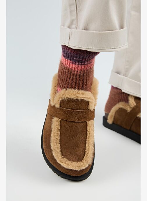 Manijero (Ecemi Platform) Kadın Hakiki Deri Kürklü Loafer Platform Taba Terlik - Görsel 6