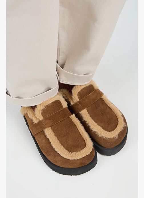 Manijero (Ecemi Platform) Kadın Hakiki Deri Kürklü Loafer Platform Taba Terlik - Görsel 3