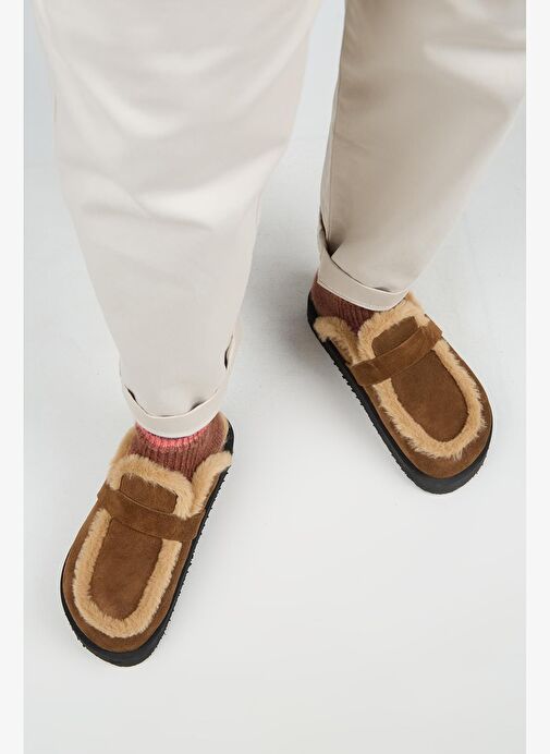 Manijero (Ecemi Platform) Kadın Hakiki Deri Kürklü Loafer Platform Taba Terlik - Görsel 8