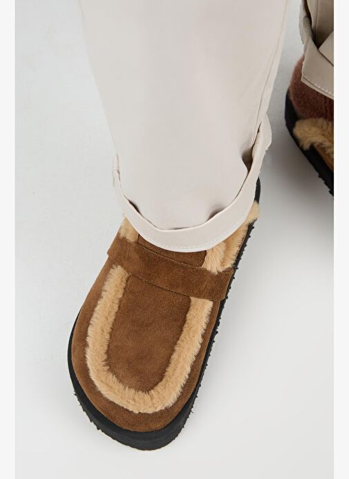 Manijero (Ecemi Platform) Kadın Hakiki Deri Kürklü Loafer Platform Taba Terlik - Görsel 9