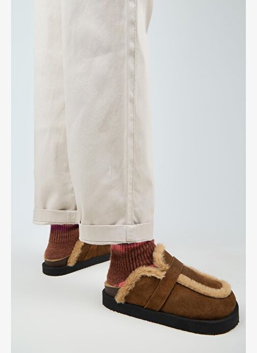 Manijero (Ecemi Platform) Kadın Hakiki Deri Kürklü Loafer Platform Taba Terlik - Görsel 7