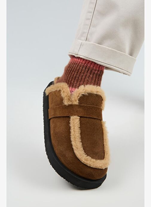 Manijero (Ecemi Platform) Kadın Hakiki Deri Kürklü Loafer Platform Taba Terlik - Görsel 5