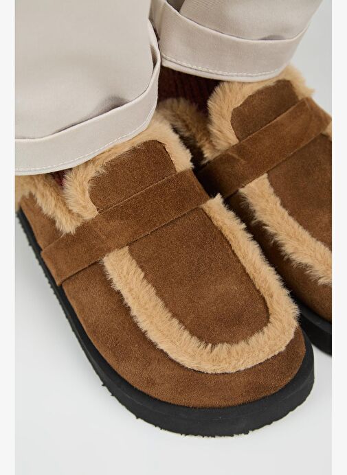 Manijero (Ecemi Platform) Kadın Hakiki Deri Kürklü Loafer Platform Taba Terlik - Görsel 4