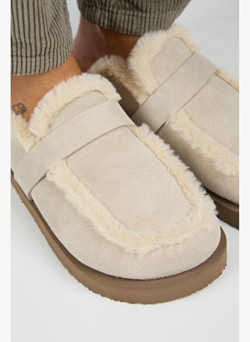 Manijero (Ecemi Platform) Kadın Hakiki Deri Kürklü Loafer Platform Bej Terlik - Görsel 5