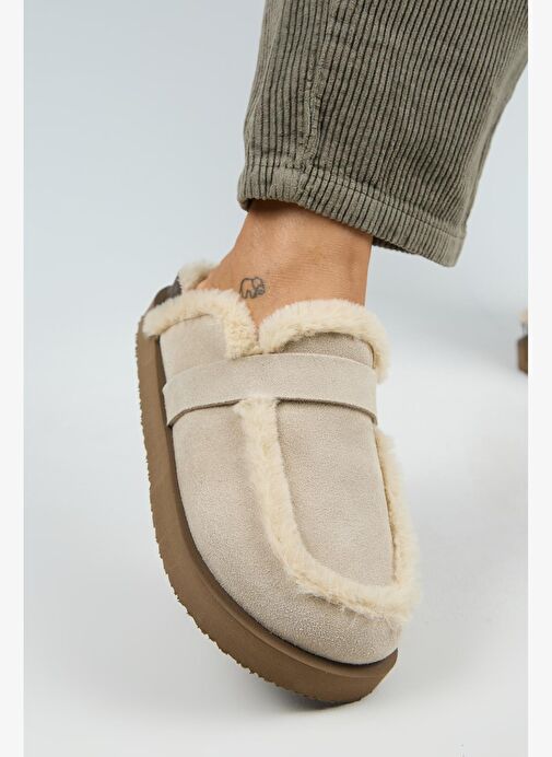 Manijero (Ecemi Platform) Kadın Hakiki Deri Kürklü Loafer Platform Bej Terlik - Görsel 2