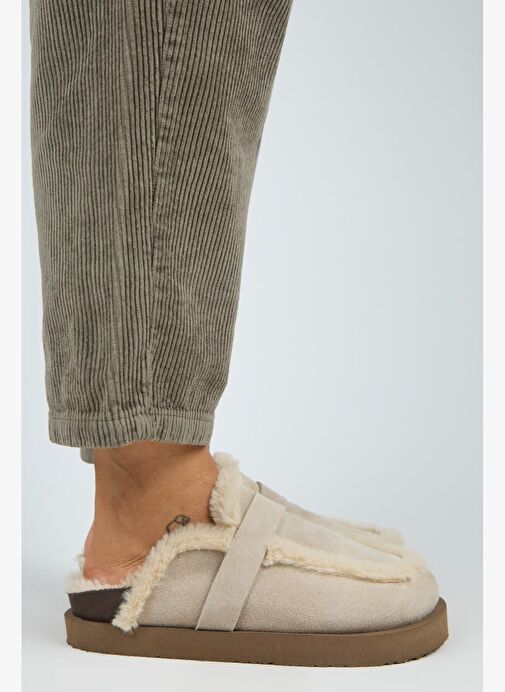 Manijero (Ecemi Platform) Kadın Hakiki Deri Kürklü Loafer Platform Bej Terlik - Görsel 3