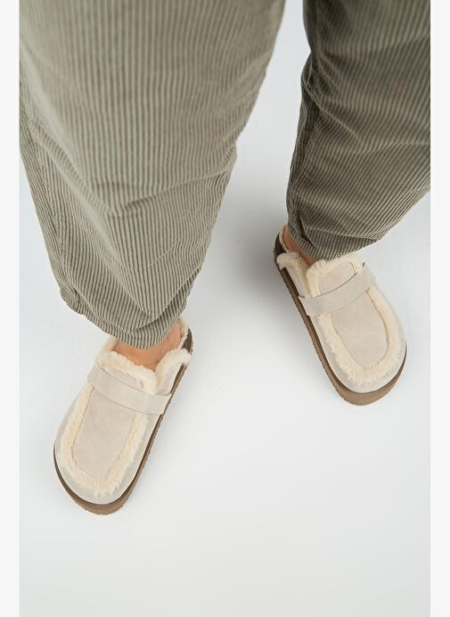 Manijero (Ecemi Platform) Kadın Hakiki Deri Kürklü Loafer Platform Bej Terlik - Görsel 8