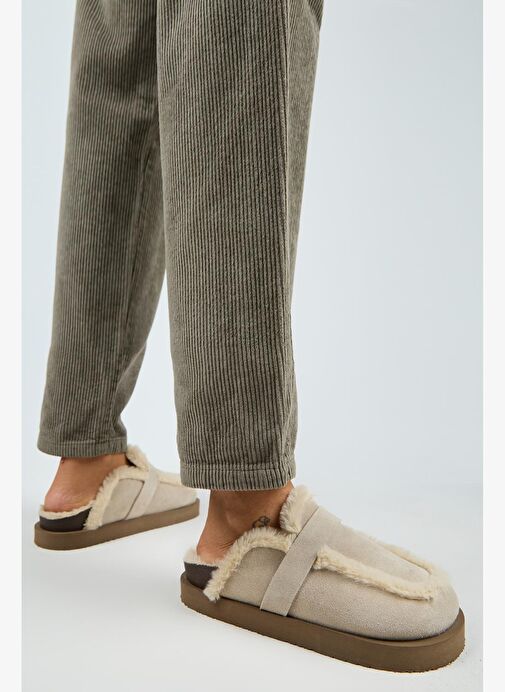 Manijero (Ecemi Platform) Kadın Hakiki Deri Kürklü Loafer Platform Bej Terlik - Görsel 7