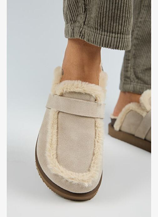 Manijero (Ecemi Platform) Kadın Hakiki Deri Kürklü Loafer Platform Bej Terlik - Görsel 6