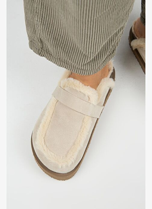 Manijero (Ecemi Platform) Kadın Hakiki Deri Kürklü Loafer Platform Bej Terlik - Görsel 9