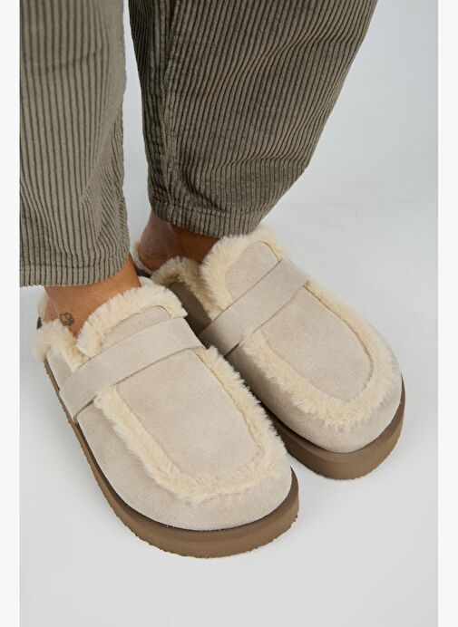 Manijero (Ecemi Platform) Kadın Hakiki Deri Kürklü Loafer Platform Bej Terlik - Görsel 4