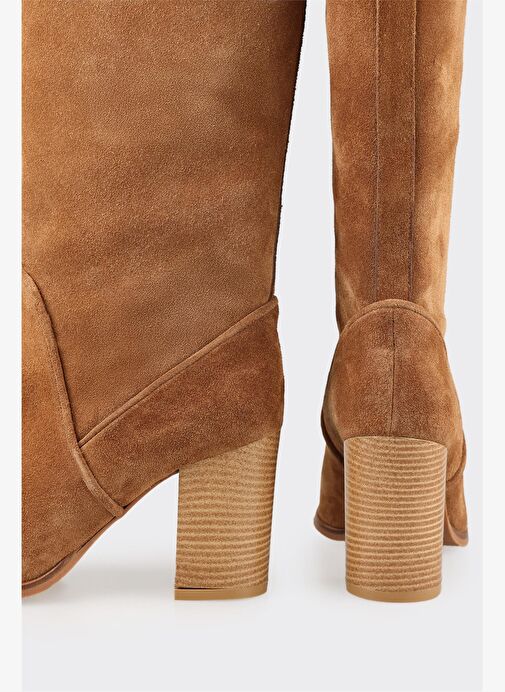 Taba Deri Kadın Topuklu Çizme - Görsel 5