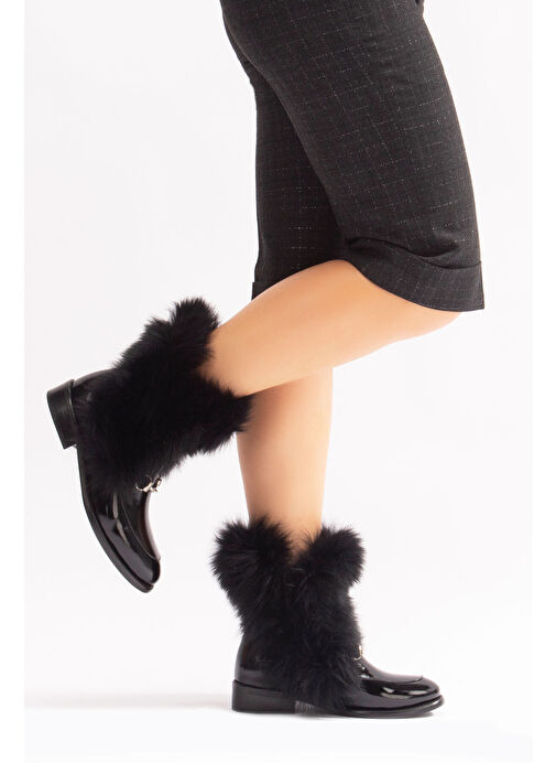 Reina Gerçek Deri Kadın Bot Siyah Rugan Deri Kürklü - Görsel 6