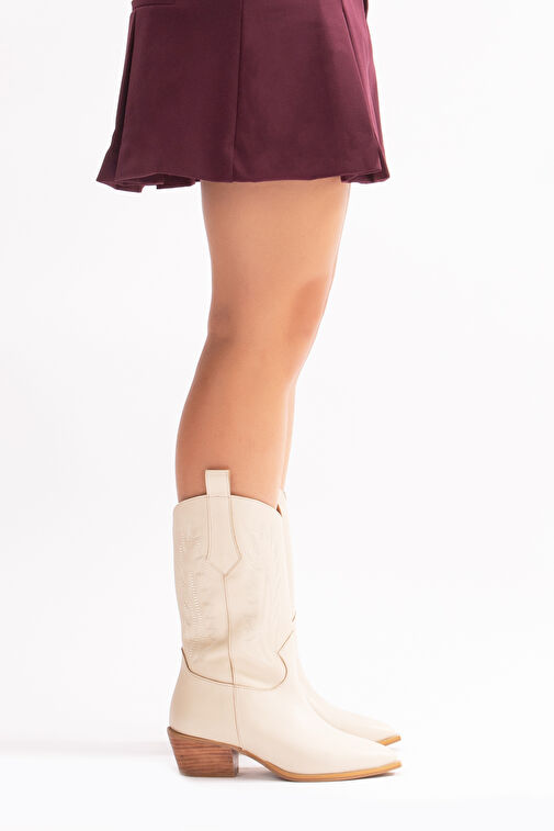 Avlonya Gerçek Deri Kadın Western Çizme Bej - Görsel 3