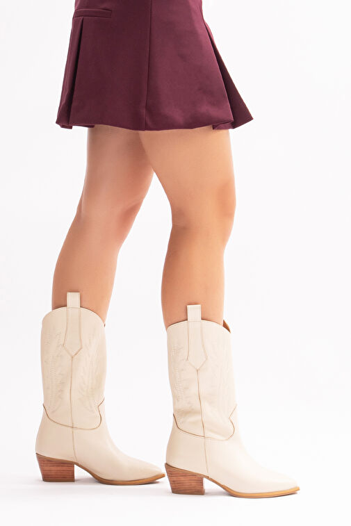 Avlonya Gerçek Deri Kadın Western Çizme Bej - Görsel 5