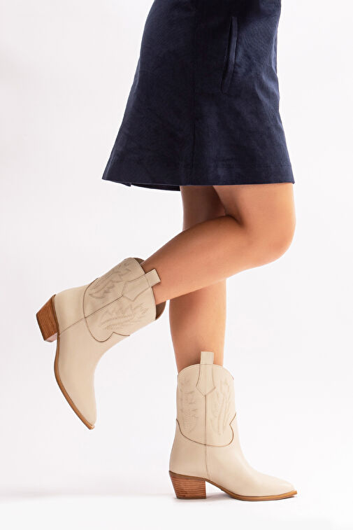 Almira Gerçek Deri Kadın Western Bot Bej - Görsel 2