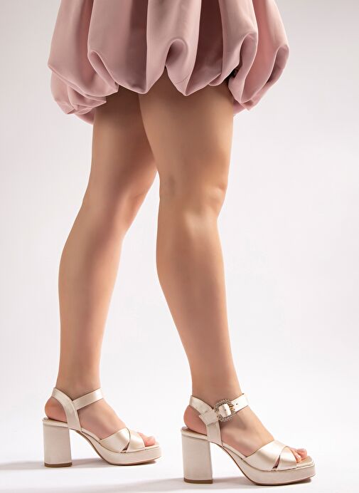 Jenna Kadın Platform Topuklu Ayakkabı Bej Saten - Görsel 6