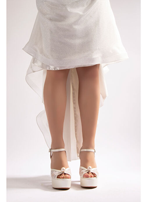 Lori Kadın Platform Topuklu Gelinlik Ayakkabı İnci Beyaz Sedef Dantel - Görsel 5