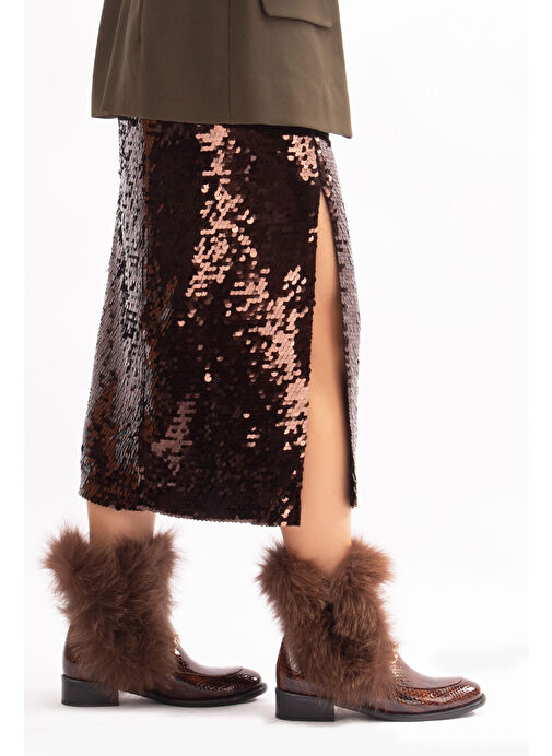 Reina Gerçek Deri Kadın Bot Taba Kroko Deri Kürklü - Görsel 6