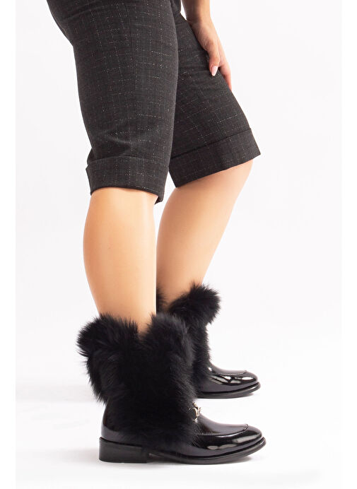 Reina Gerçek Deri Kadın Bot Siyah Rugan Deri Kürklü - Görsel 3