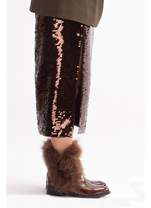 Reina Gerçek Deri Kadın Bot Taba Kroko Deri Kürklü - Görsel 4