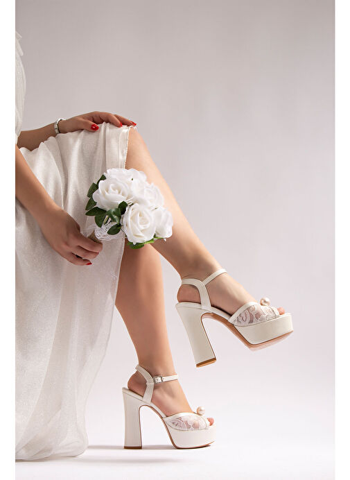 Lori Kadın Platform Topuklu Gelinlik Ayakkabı İnci Beyaz Sedef Dantel - Görsel 3