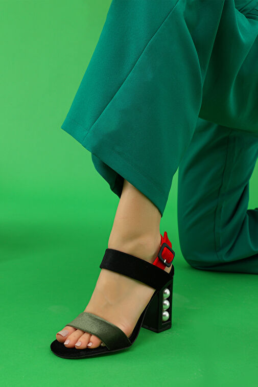 Santana Gerçek Deri Kadın Topuklu Sandalet Kırmızı Kadife - Görsel 4