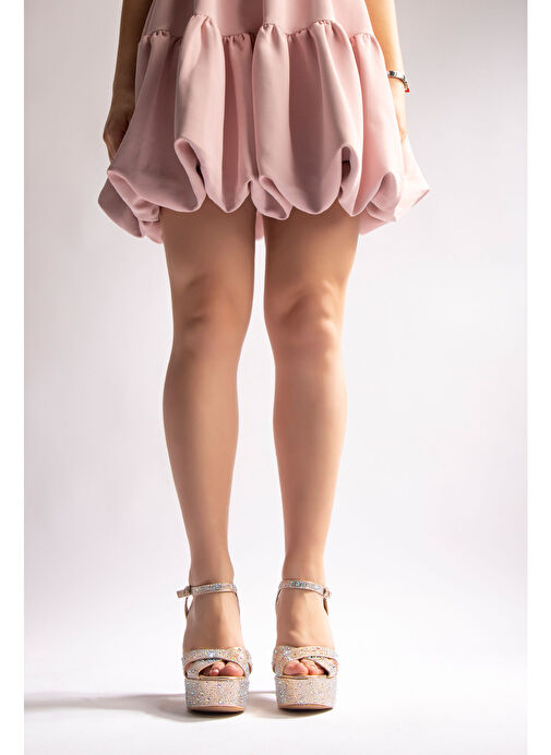 Camelia Kadın Abiye Platform Topuklu Ayakkabı Altın Taşlı - Görsel 7