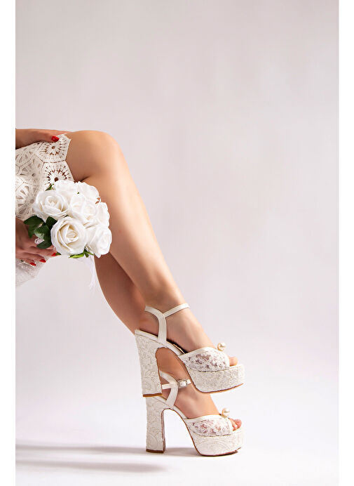 Lolita Kadın Platform Topuklu Gelinlik Ayakkabı Beyaz Dantel - Görsel 6