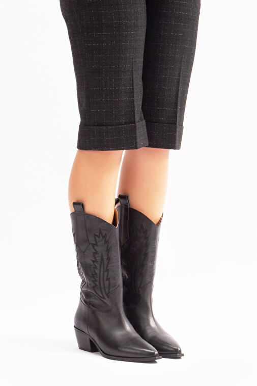 Avlonya Gerçek Deri Kadın Western Çizme Siyah - Görsel 4