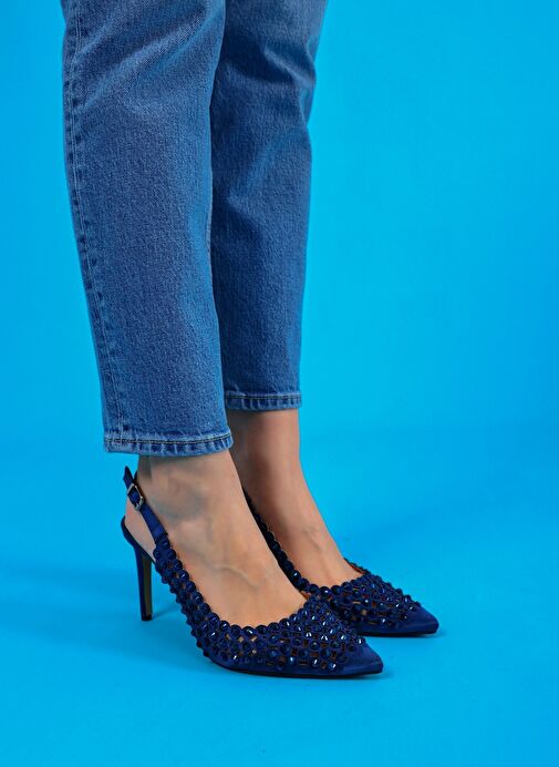 Sakura Kadın Topuklu Sandalet Lacivert Saten - Görsel 5