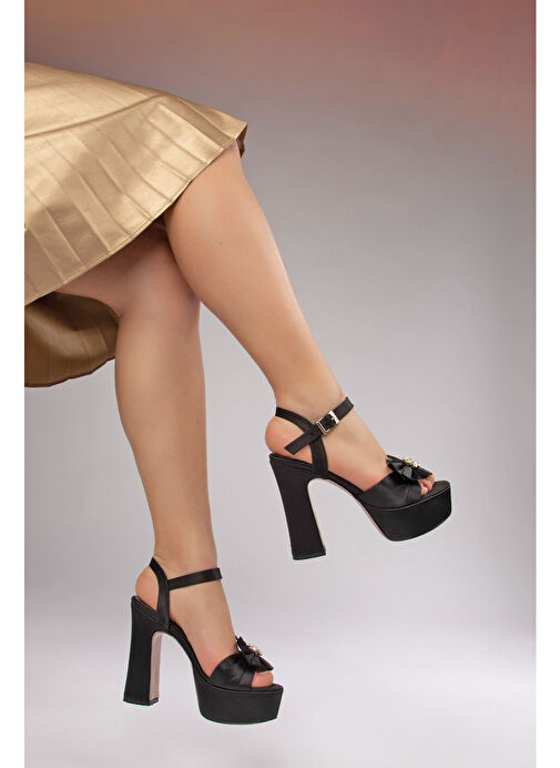 Jade Kadın Platform Topuklu Ayakkabı Siyah Saten - Görsel 4