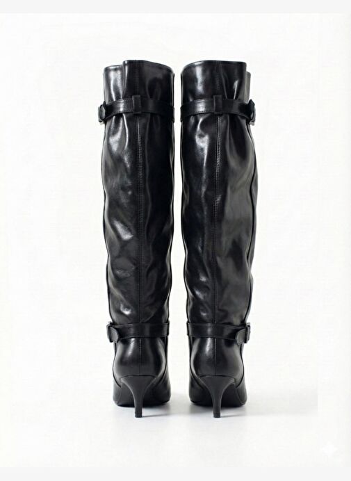 Kadın Siyah Kemer Detaylı Kırışık Rugan Tokalı Uzun Çizme - Görsel 4