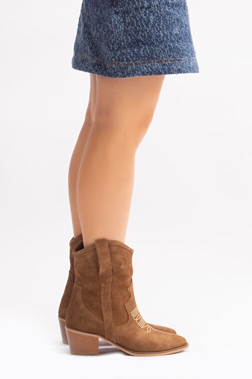 Merita Gerçek Deri Kadın Western Bot Hardal Süet - Görsel 3